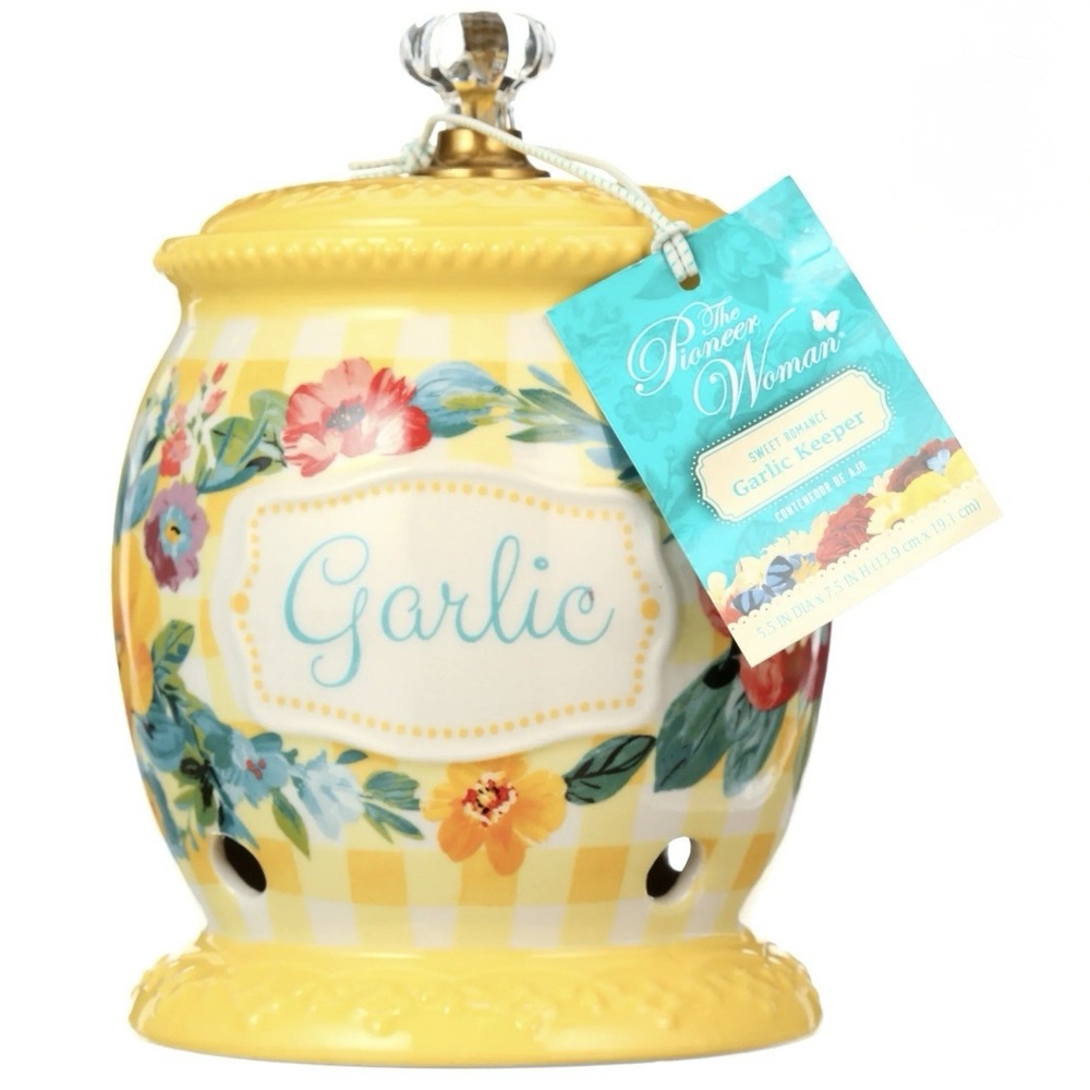 The Pioneer Woman Sweet Romance Garlic Keeper & Lid Ceramic Yellow Floral NEW
